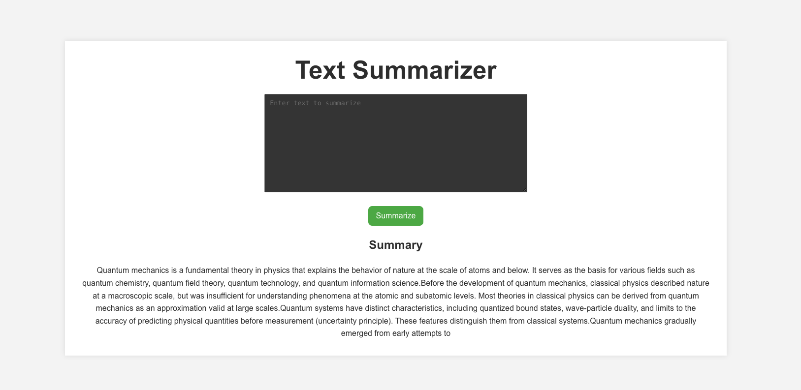 A screenshot of the frontpage of Text Summarizer