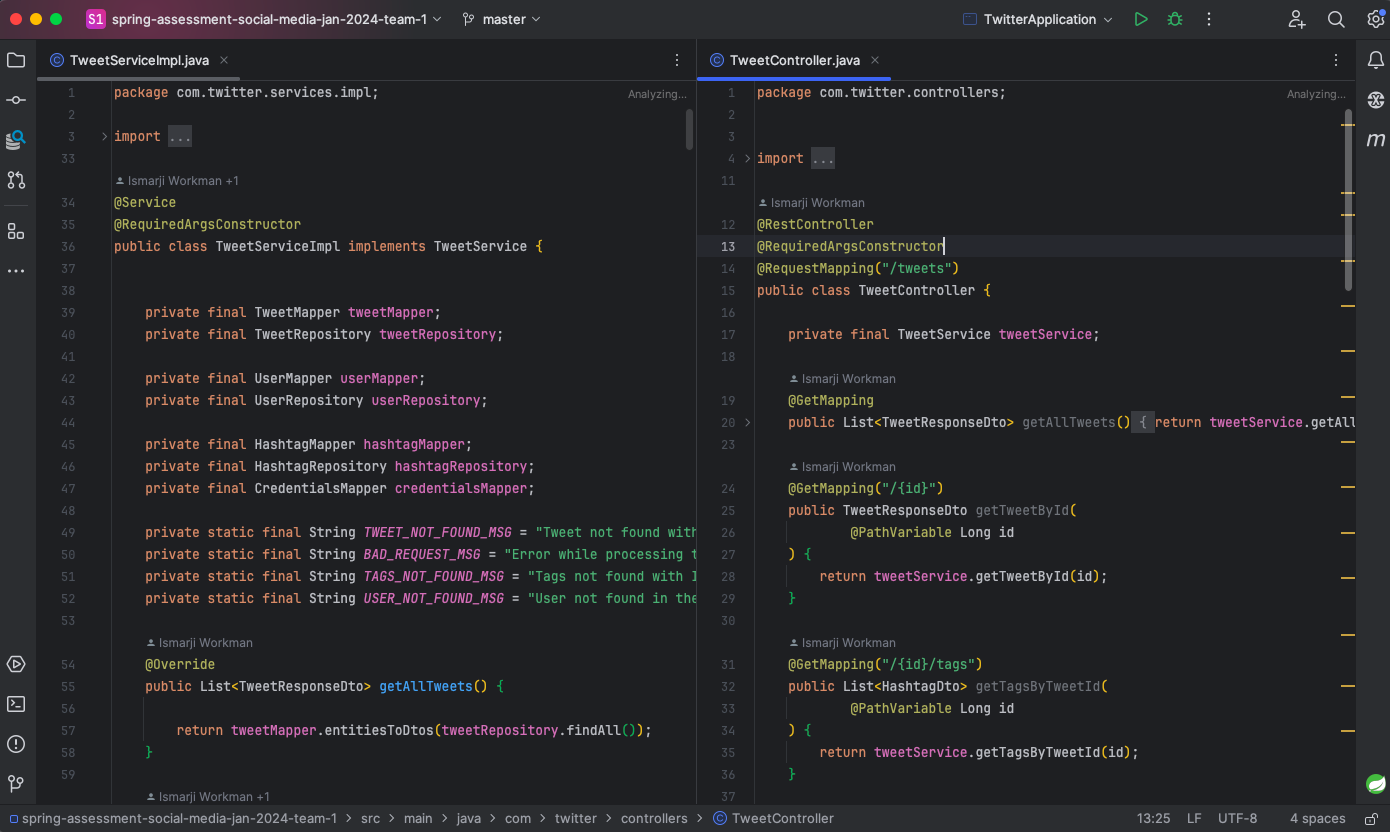 A screenshot of the Tweet Controller and Tweet Service Implemenation classes in IntelliJ